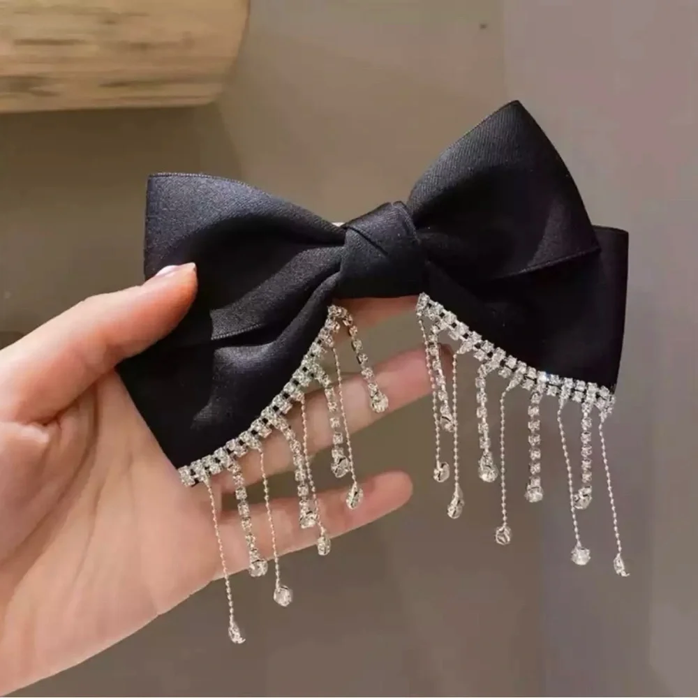 Big Satin Bow Rhinestones French Barrette Hair Clip